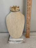 Jewelry bust with lace crown and attached to barn wood base