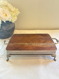 Silver tray display with old barn wood top,silver footed tray