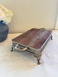 Silver tray display with old barn wood top,silver footed tray
