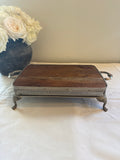 Silver tray display with old barn wood top,silver footed tray