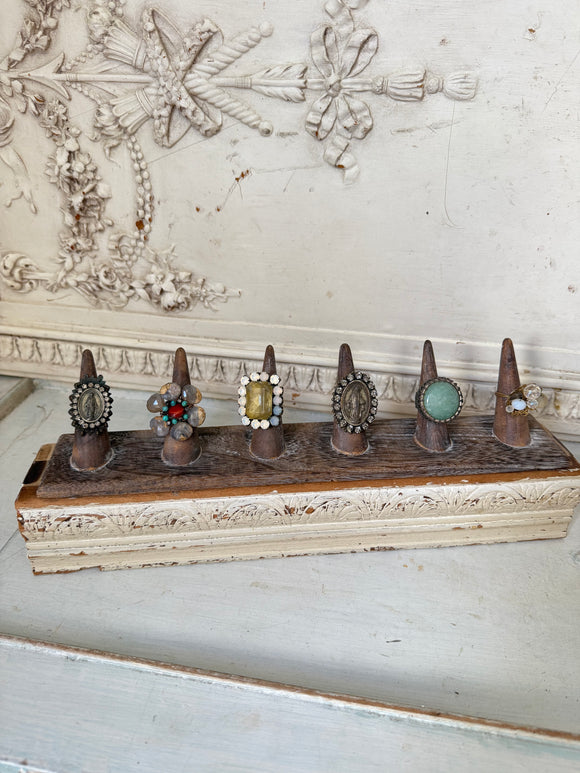 Ring holder, Old wood ring holder with vintage wood frame base