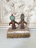 Ring holder, vintage barnwood base with two vintage cast metal finials