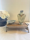 Silver tray platform, wood top silver tray, footed silver tray with wood top