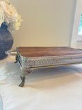 Silver tray display with old barn wood top,silver footed tray