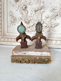 Ring holder, vintage barnwood base with two vintage cast metal finials