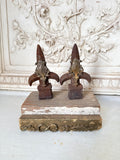 Ring holder, vintage barnwood base with two vintage cast metal finials