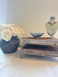 Silver tray display with old barn wood top,silver footed tray