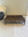 Silver tray platform, wood top silver tray, footed silver tray with wood top