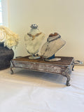Silver tray platform, wood top silver tray, footed silver tray with wood top