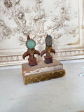 Ring holder, vintage barnwood base with two vintage cast metal finials