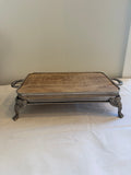 Silver tray platform, wood top silver tray, footed silver tray with wood top