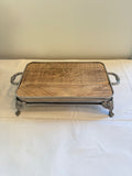 Silver tray platform, wood top silver tray, footed silver tray with wood top