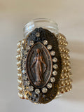 Pearl Bracelet, Cuff Pearl Bracelet with Virgin Mary pendant and rhinestones