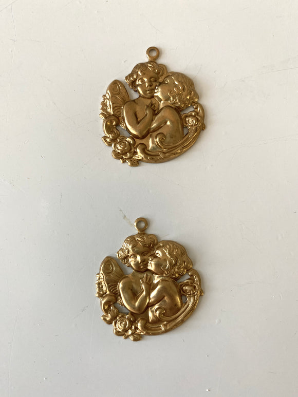 Gold Metal cherub jewelry part, 2 cherub Metal pendants