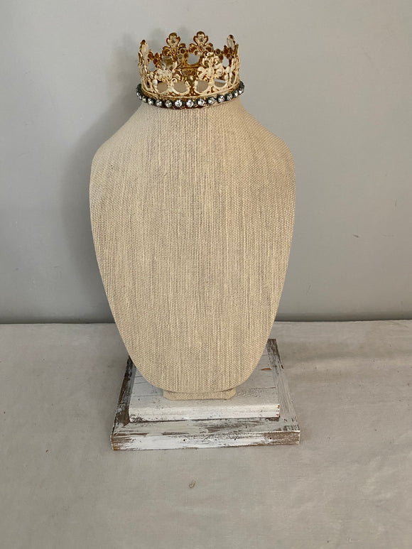 Jewelry bust with lace crown and attached to barn wood base