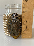 Pearl Bracelet, Cuff Pearl Bracelet with Virgin Mary pendant and rhinestone flower