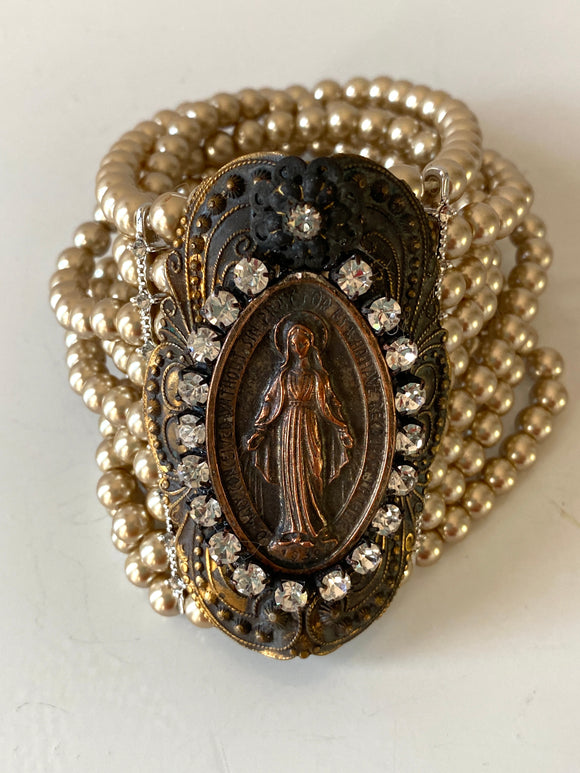 Pearl Bracelet, Cuff Pearl Bracelet with Virgin Mary pendant and rhinestones