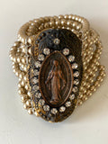 Pearl Bracelet, Cuff Pearl Bracelet with Virgin Mary pendant and rhinestones