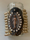 Pearl Bracelet, Cuff Pearl Bracelet with Virgin Mary pendant and rhinestones