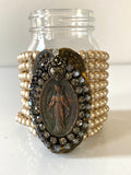 Pearl Bracelet, Cuff Pearl Bracelet with Virgin Mary pendant and grey rhinestones