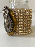 Pearl Bracelet, Cuff Pearl Bracelet with Virgin Mary pendant and rhinestone flower