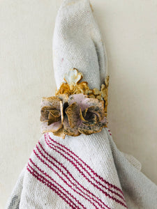 Metal banding crowns, 2 crown napkin rings with roses, pink rose napkin rings