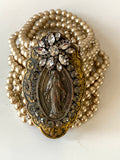 Pearl Bracelet, Cuff Pearl Bracelet with Virgin Mary pendant and rhinestone flower
