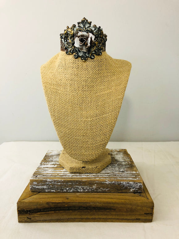 Burlap Bust with crown necklace stand with barn wood base