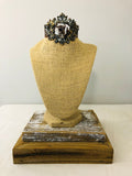 Burlap Bust with crown necklace stand with barn wood base