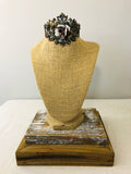 Burlap Bust with crown necklace stand with barn wood base