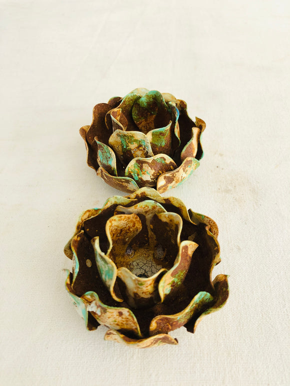 Metal Roses, 2 rusted metal and green painted roses