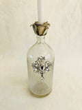 vintage bottle, bottle candle holder with rose top and rhinestone pendant