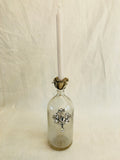vintage bottle, bottle candle holder with rose top and rhinestone pendant