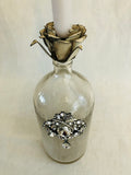 vintage bottle, bottle candle holder with rose top and rhinestone pendant