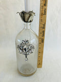 vintage bottle, bottle candle holder with rose top and rhinestone pendant