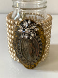 Pearl Bracelet, Cuff Pearl Bracelet with Virgin Mary pendant and rhinestone flower