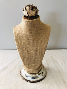 Burlap bust jewelry stand,  jewelry holder with vintage rose on top