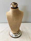 Burlap bust jewelry stand,  jewelry holder with vintage rose on top