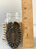 Pearl Bracelet, Cuff Pearl Bracelet with Virgin Mary pendant and grey rhinestones