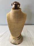 Burlap bust jewelry stand,  jewelry holder with vintage rose on top