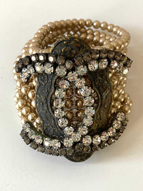 Pearl Bracelet, Cuff Pearl Bracelet with Chanel rhinestones