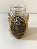 Pearl Bracelet, Cuff Pearl Bracelet with Virgin Mary pendant and rhinestone flower