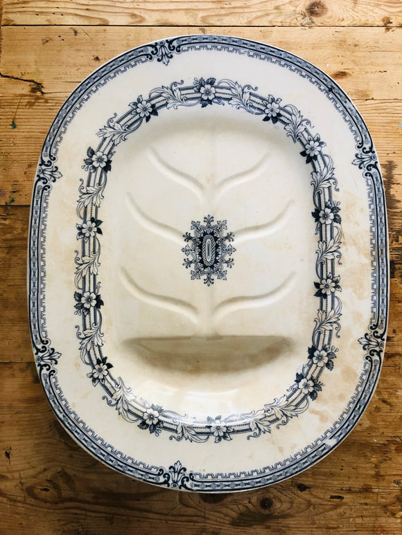 Blue and white meat platter, Brownfield large transferware oval tray