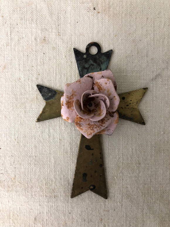 Metal cross with aged pink rose