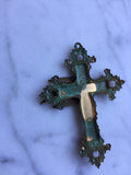 Metal cross with swallow and 3 gold flowers