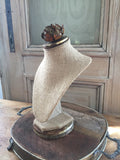 Linen bust jewelry holder with vintage rose crowning the top