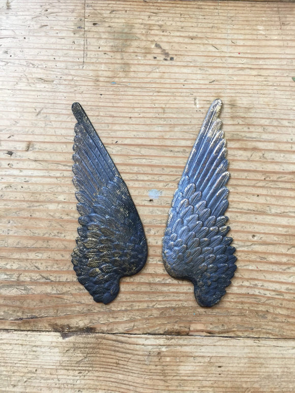 Metal angel wings, pair of patina metal wings