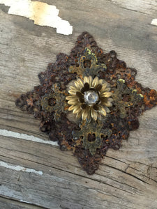 Vintage metal filigree jewelry part,candle decor, rust parts, lamp parts,vintage jewelry,salvaged parts, lace metal look,rhinestone