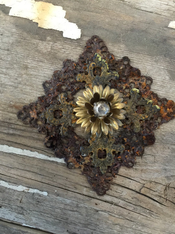 Vintage metal filigree jewelry part,candle decor, rust parts, lamp parts,vintage jewelry,salvaged parts, lace metal look,rhinestone