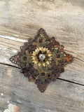 Vintage metal filigree jewelry part,candle decor, rust parts, lamp parts,vintage jewelry,salvaged parts, lace metal look,rhinestone